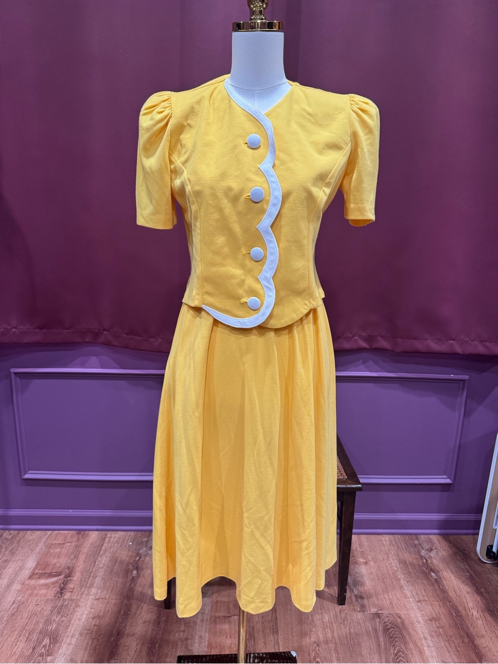 Saving Petites 2 Piece Sunny Yellow Vintage-Inspired Dress with White Trim